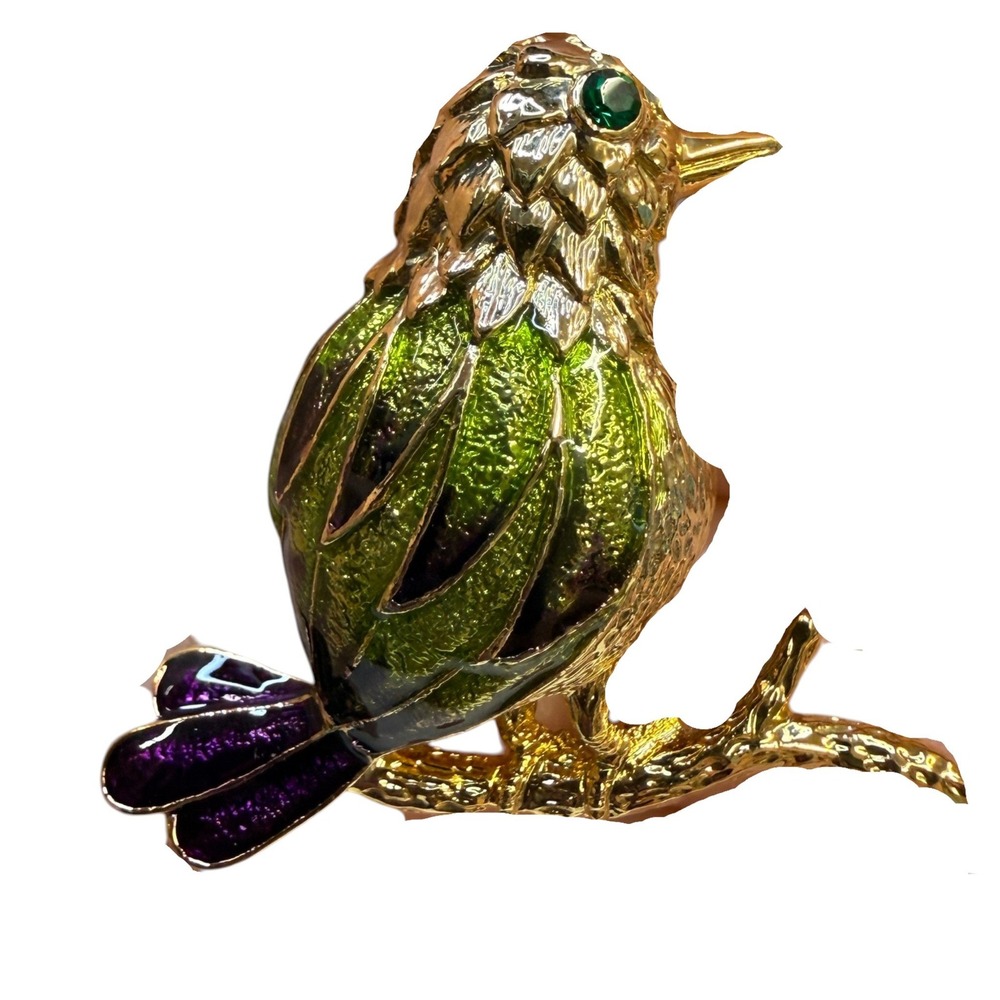 Gold Tone Bird on Branch Brooch Green Purple Enamel Rhinestone Eye Pin